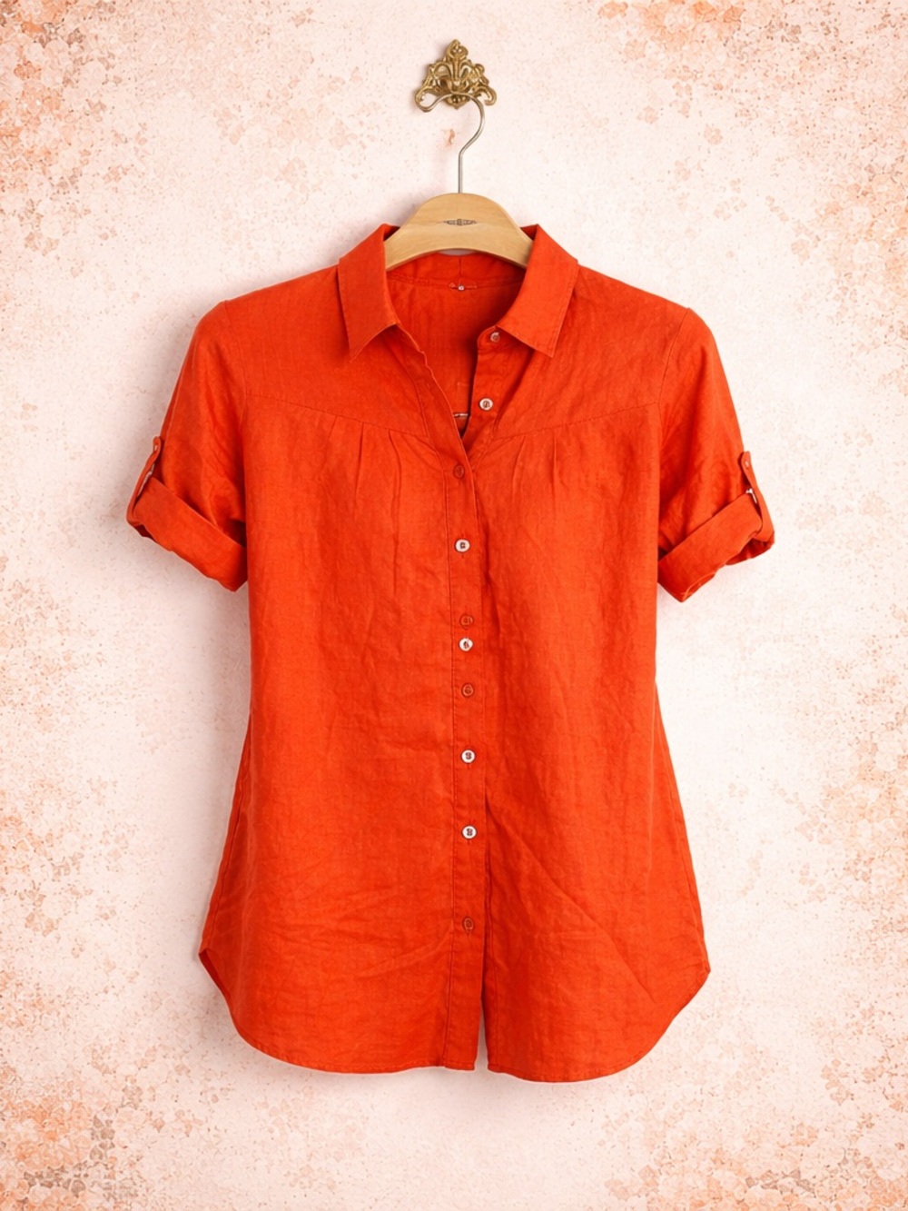 Meral orange linen blend button down short sleeve collared shirt 42 L